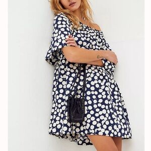 Free People navy blue bold polka dot 60’s parachute dress pockets open back XS